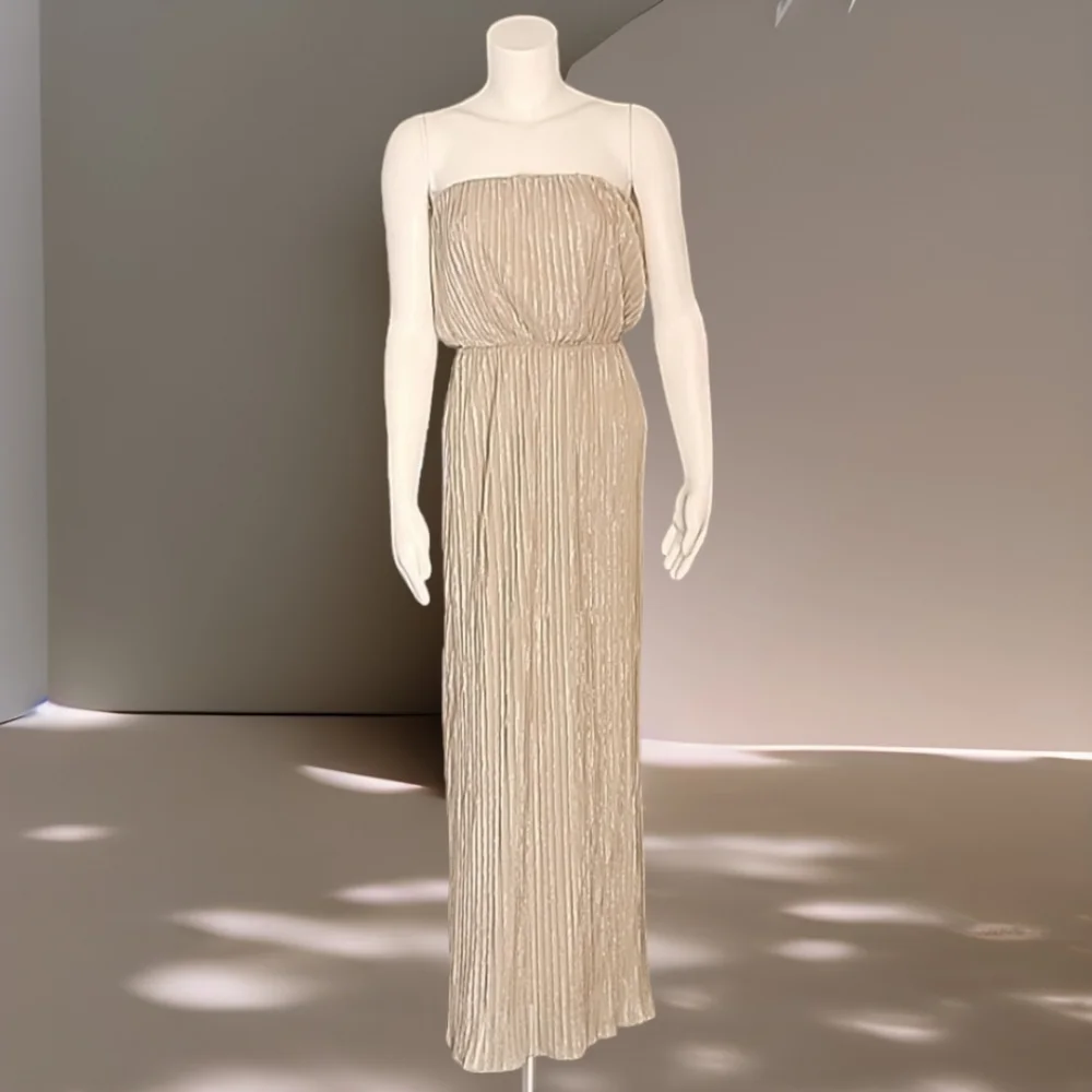 THE LIMITED Champagne Maxi Dress XS Shimmer Tube Top Strapless All Over Pleated